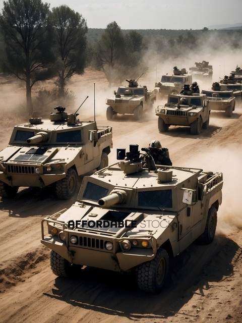 Military Vehicles Traveling Down Dirt Road