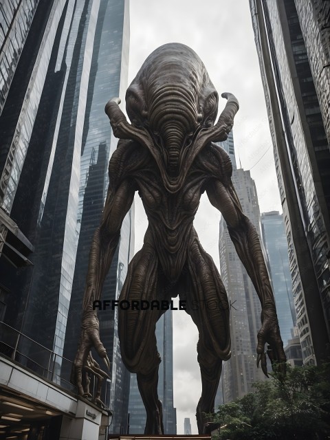 A statue of a creature in a city