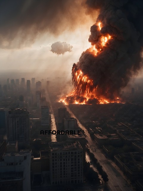 A city skyline with a huge explosion in the background
