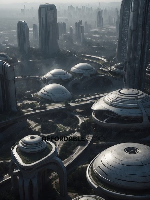 Futuristic City with Large Buildings and Round Structures