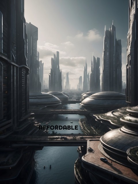 Futuristic Cityscape with Skyline and Water