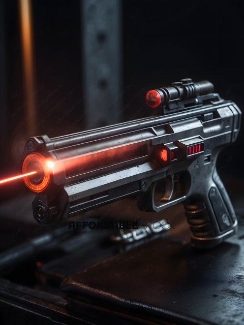A futuristic looking gun with a red laser sight