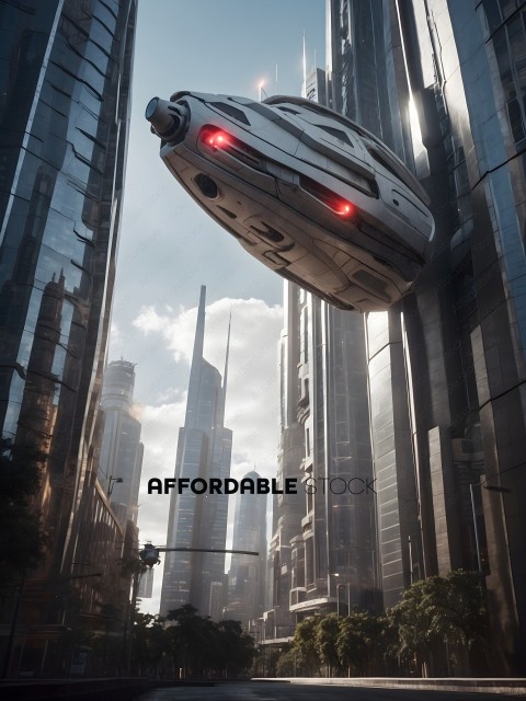 A futuristic flying vehicle in a city