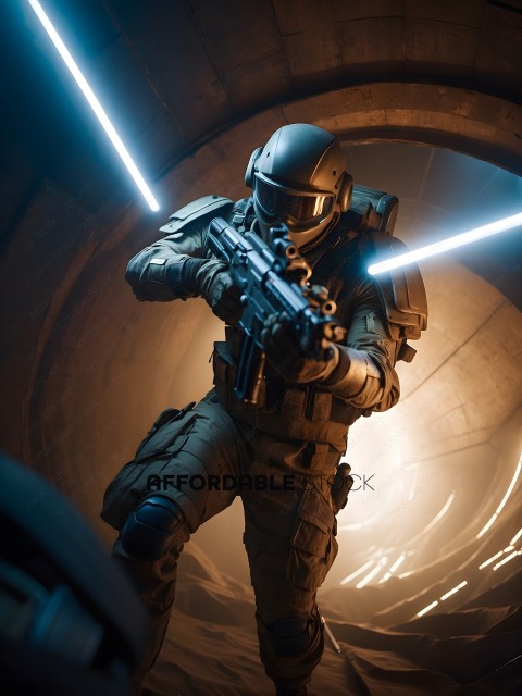 Soldier with a gun in a tunnel