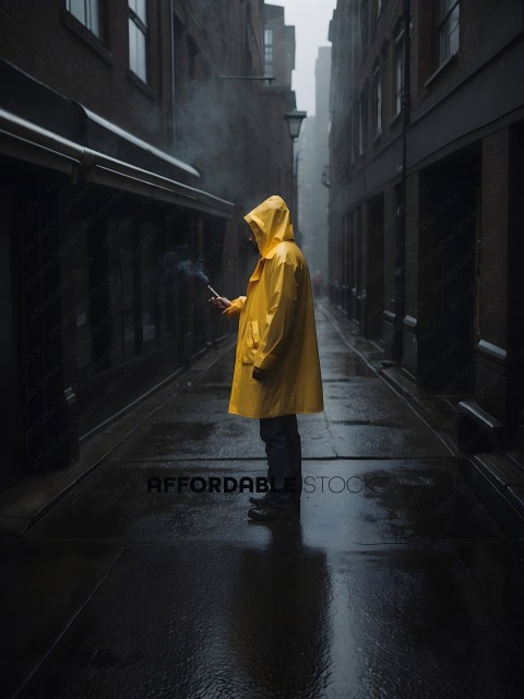 A man in a yellow raincoat smoking a cigarette
