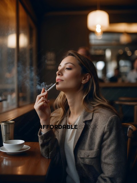 A woman smoking a cigarette in a restaurant