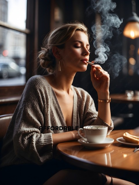 A woman smoking a cigarette while sitting at a table