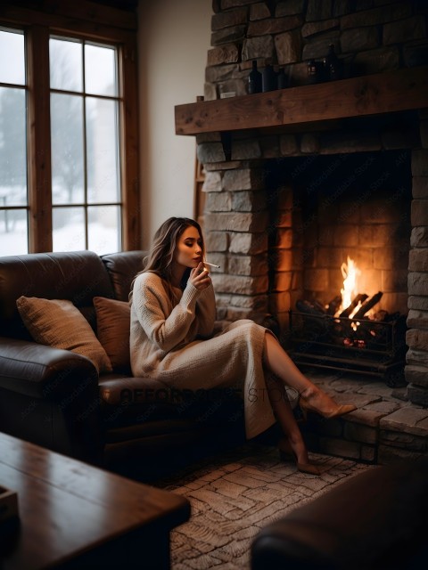 A woman sitting on a couch in front of a fireplace