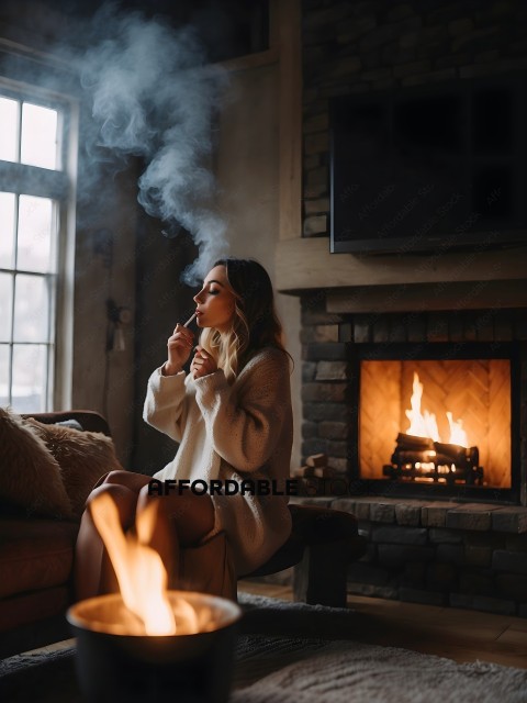 A woman smoking a cigarette in front of a fireplace