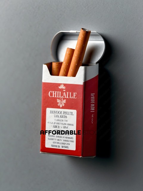 A pack of cigarettes with a red box and a white label