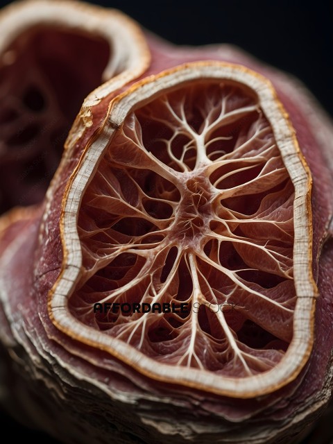 A close up of a fruit with a pattern of veins