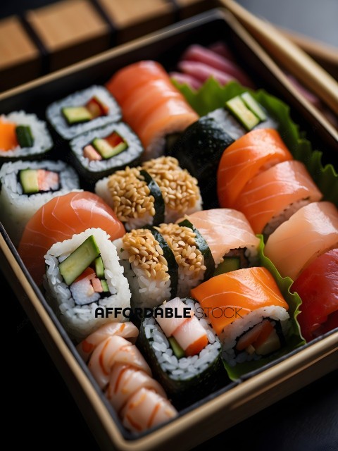 A variety of sushi rolls in a wooden box