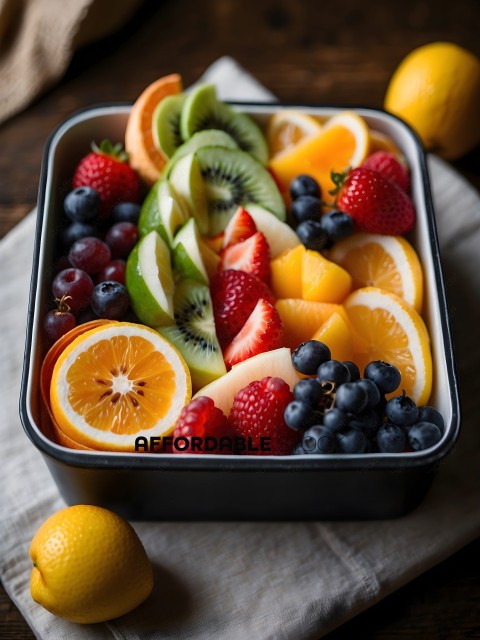 A Bowl of Fruit with Kiwi, Strawberries, Blueberries, and Oranges