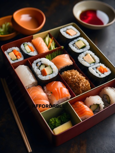 A variety of sushi in a wooden box
