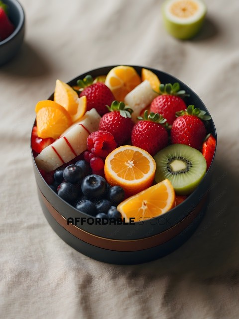 A bowl of mixed fruits and a kiwi