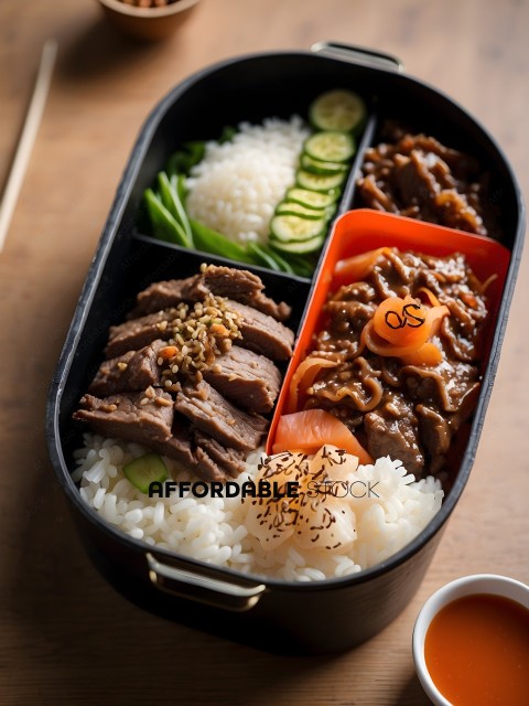 A black lunch box filled with rice, meat, and vegetables