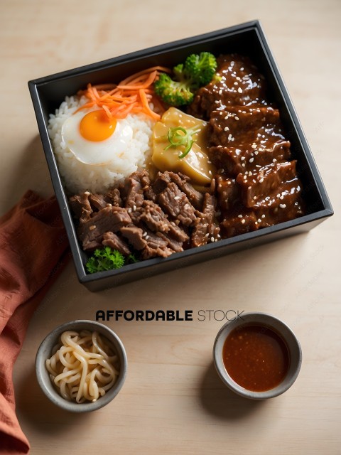 A meal with rice, meat, and vegetables in a black box