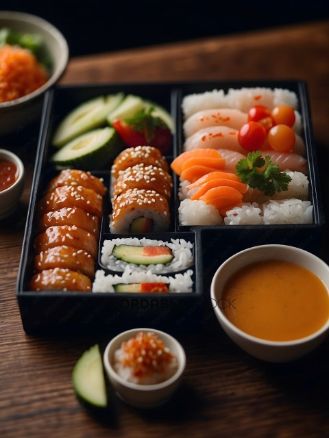 A Bento Box of Sushi and Other Foods