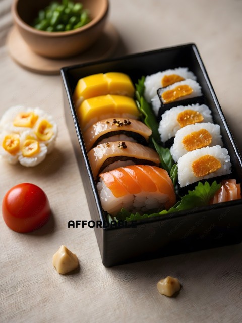A Bento Box of Sushi and Other Foods