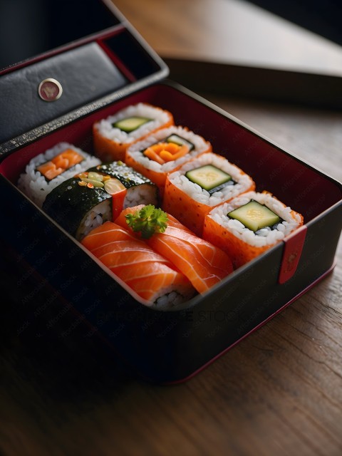 A black lunch box filled with sushi and other foods