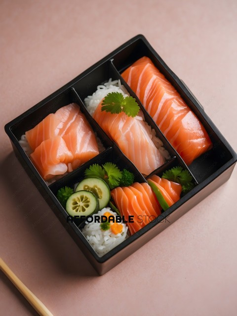 A box of sushi with rice, cucumber, and salmon