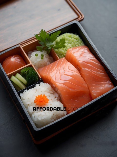 A Bento Box of Sushi, Salmon, and Vegetables