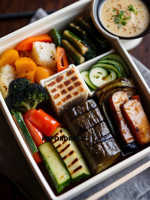 A variety of vegetables and meats in a box