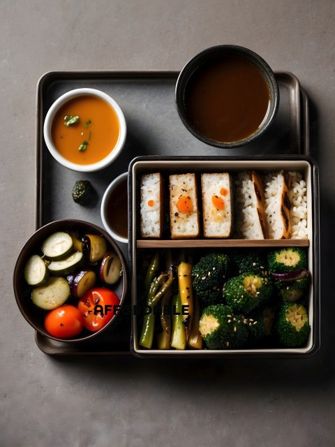 A tray of food with a variety of vegetables and rice