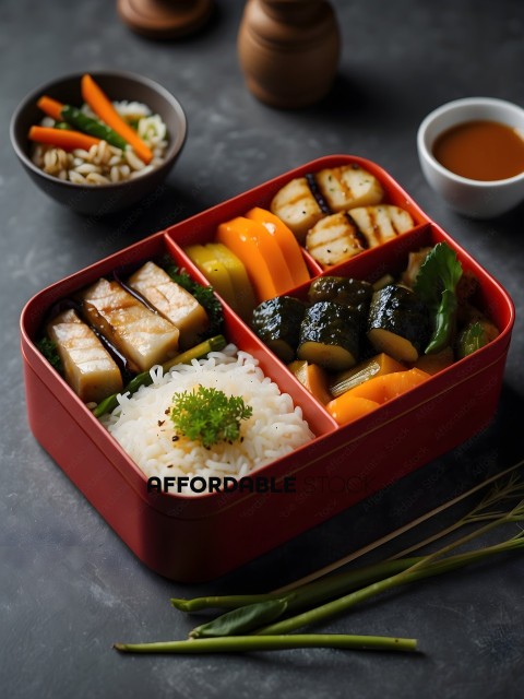 A Bento Box of Rice, Vegetables, and Seafood