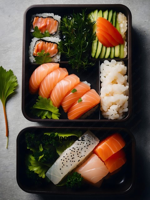Two Square Trays of Sushi and Vegetables