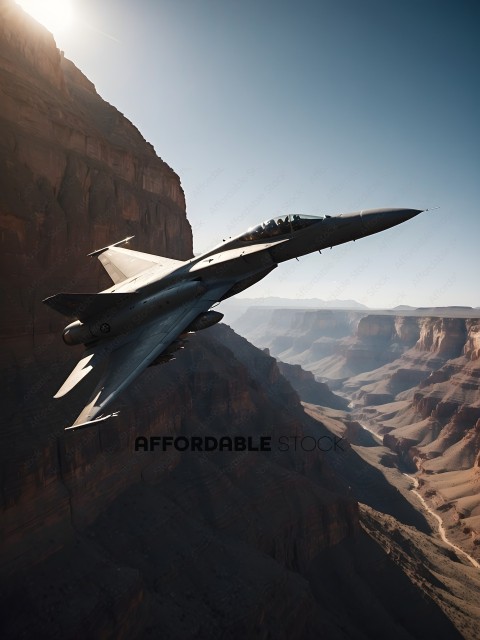 A fighter jet flying over a canyon