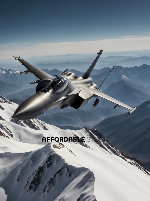 A fighter jet flying over a mountain range