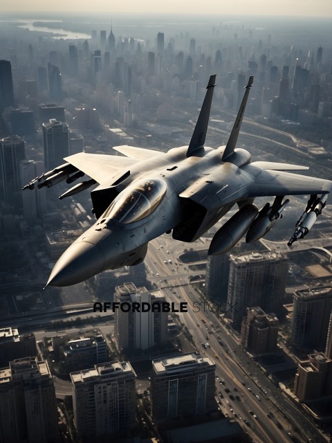 A fighter jet flying over a city