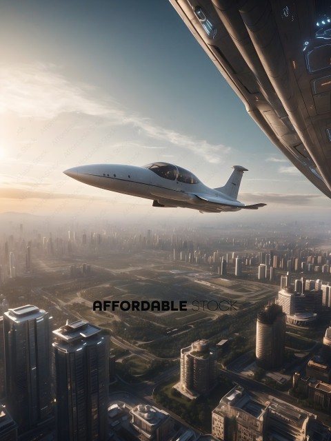 A plane flying over a city with a skyscraper in the background
