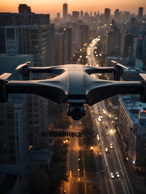 A drone flying over a city street at night