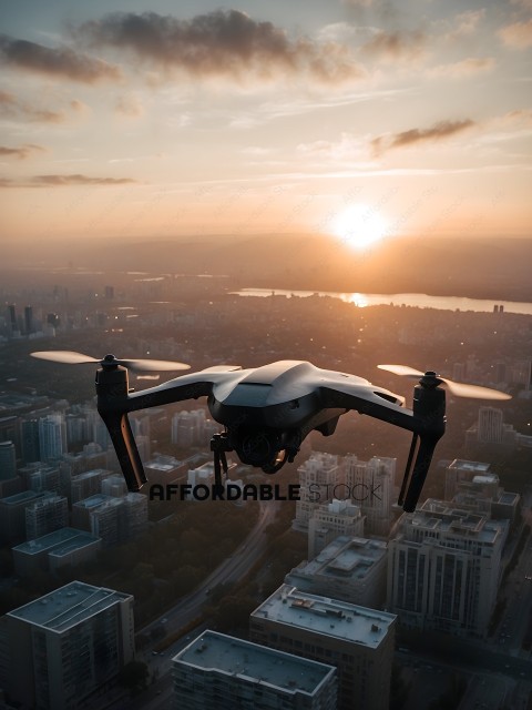 A drone flying over a city at sunset