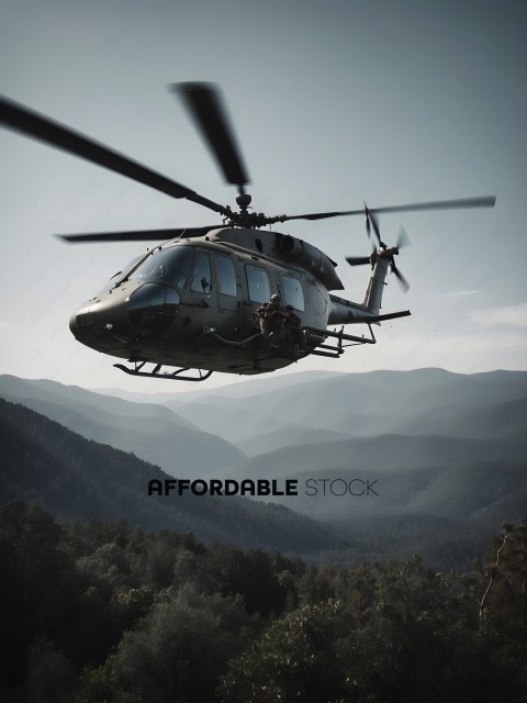 A helicopter flying over a mountain range