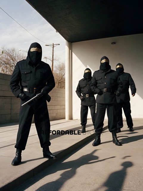 Masked men in black uniforms with guns