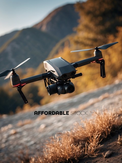 A drone flying over a field with mountains in the background
