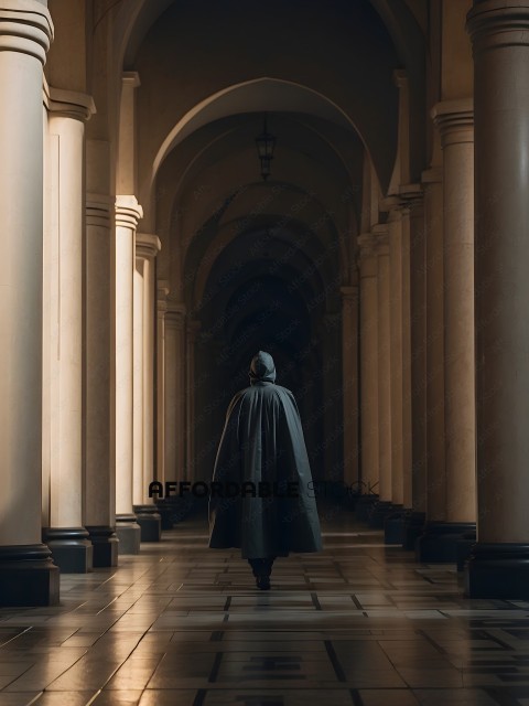 A person in a long green coat walks down a hallway