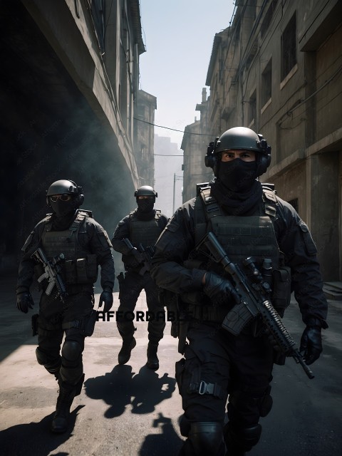 Soldiers in Black Masks and Camouflage Walking Down a Street