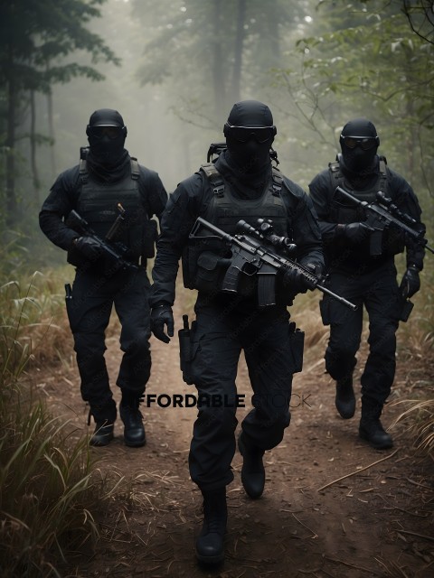 Three men in black camouflage walking through the woods