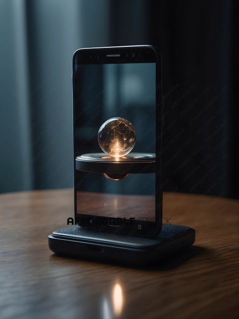 A cell phone with a lighted ball on a stand