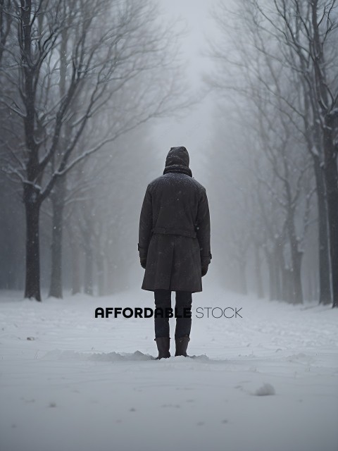 A person in a long coat standing in the snow