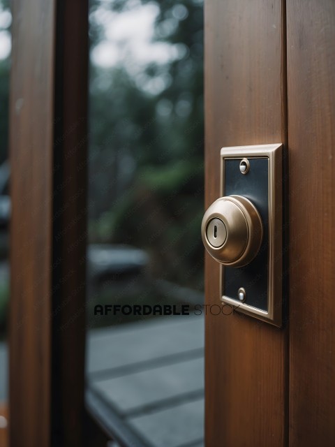 A golden door knob on a wooden door