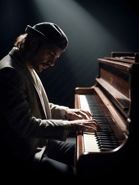 Man playing piano in dimly lit room