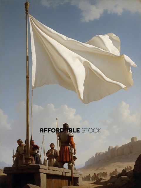 A group of people standing under a white flag
