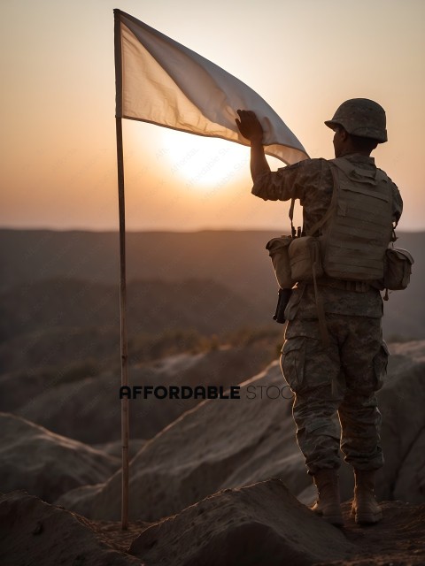 Soldier holding a flag in front of a sunset