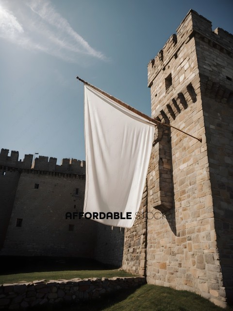 A white flag hanging from a brick building