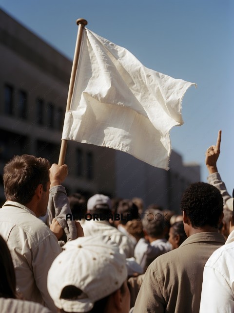 A group of people holding a white flag